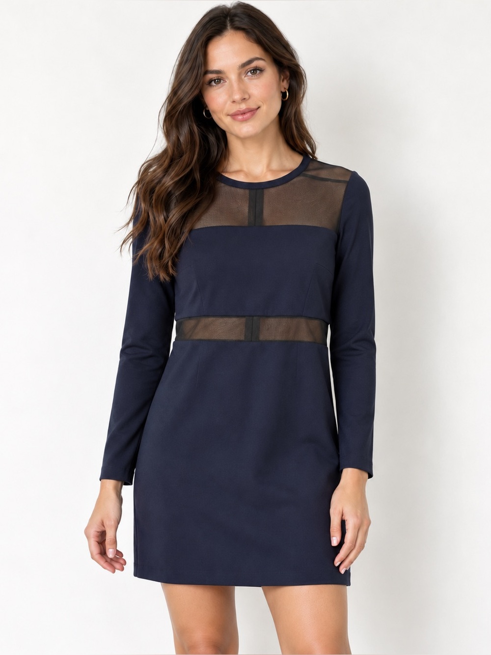 MICHAEL Michael Kors Navy Mesh Panel Long Sleeve Sheath Mini Dress L